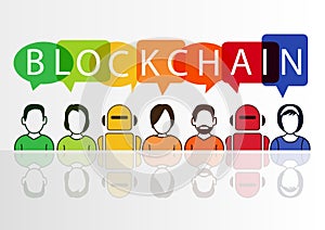 Blockchain illustration with text displayed in colorful speech bubbles photo