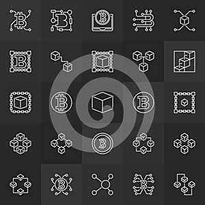 Blockchain linear icons - vector 25 block-chain signs
