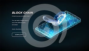Blockchain link sign and Smartphone of the low poly wireframe on dark background.Concept of Internet technology, security.Vector