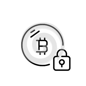 Blockchain Lock. Bitcoin coin and padlock. Cryptographic security provided by blockchain technology. Vector icon