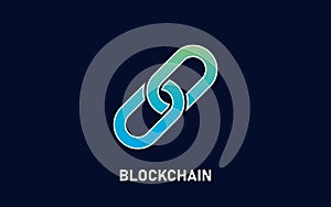 Blockchain logo on dark black background. Abstract symbol of linked chain and with text. Modern technology concept. Vector