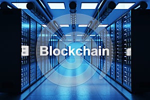 Blockchain logo in large modern data center with multiple rows of network internet server racks, 3D Illustration