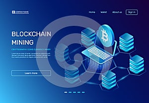 Blockchain mining. Cryptography coins currency miner on laptop connected to blockchain bitcoin network. E commerce