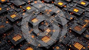 Blockchain, network, and binary code. Data blocks, encoding, and protection. Big data storage and analytics. A 3D