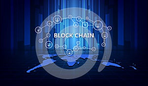 Blockchain network concept, distributed ledger technology, chain messages, blocks and computer connections worldwide. vector photo