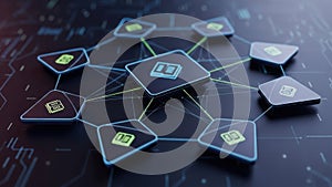 Blockchain network with connected glowing data blocks representing decentralized ledger