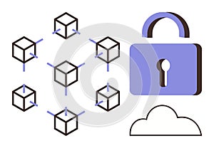 Blockchain Network with Security Padlock and Cloud Symbolizing Data Encryption and Privacy