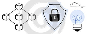Blockchain Network with Security Shield and Innovation Lightbulb Concept