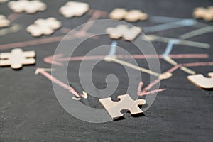 Blockchain, networking, social media, global communication and sharing concept. Close-up of the puzzle element