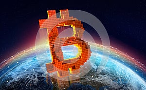 Blockchain planet. Bitcoin symbol. 3D illustration