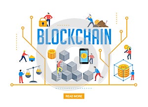 Blockchain scene with minimalistic people. Fintech industry concept design