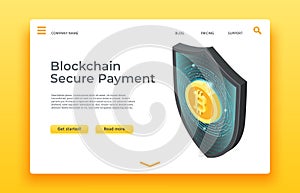 Blockchain secure payment landing page. Isometric shield vector web design