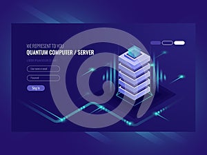 Blockchain server concept, quantum computer, server room, database, information storage and processing