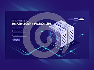 Blockchain server concept, quantum computer, server room, database, information storage and processing isometric vector