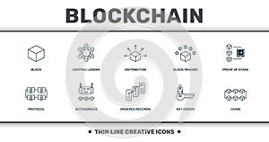 Blockchain set icons collection. Includes simple elements such as Block, Central Ledger, Distribution, Block Reward, Proof Of