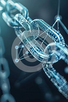 Blockchain system visualized with interconnected nodes, finance, innovation