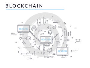 Blockchain technologie process abstract illustration in thin line style. Cryptocurrency vector concept.