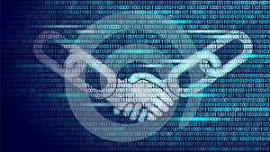 Blockchain technology agreement handshake business concept low poly. Icon sign symbol binary code numbers design. Hands photo