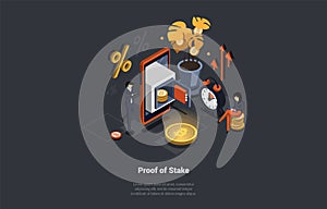 Blockchain Technology, Bitcoin, Altcoins Mining With Proof Of Stake Technology Concept. People Mining Crypto By Staking
