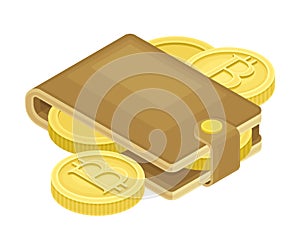 Blockchain Technology with Bitcoin Gold Coins Stored in Brown Wallet Isometric Vector Illustration