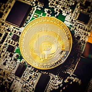 Blockchain technology bitcoin mining concept. Bitcoin golden coin on computer circuit board. banner copy space