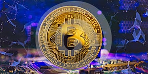 Blockchain technology bitcoin mining concept. Bitcoin golden coin on computer circuit board. banner copy space