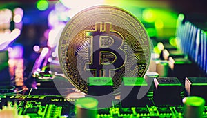 Blockchain technology bitcoin mining concept. Bitcoin golden coin on computer circuit board. banner copy space