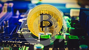 Blockchain technology bitcoin mining concept. Bitcoin golden coin on computer circuit board. banner copy space