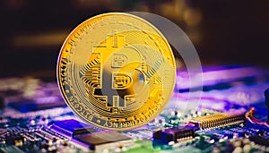 Blockchain technology bitcoin mining concept. Bitcoin golden coin on computer circuit board. banner copy space