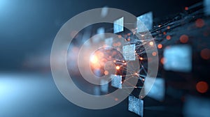 Blockchain technology concept with connected glowing data blocks