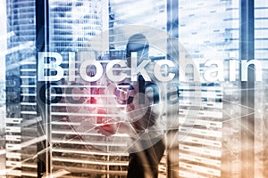 Blockchain technology Concept on server background. Data encryption