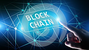 Blockchain technology concept on virtual screen. Cryptography and cryptocurrency.