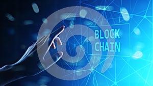 Blockchain technology concept on virtual screen. Cryptography and cryptocurrency.