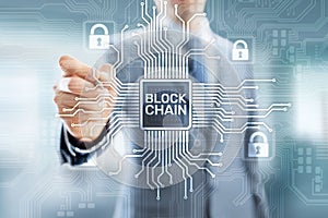 Blockchain technology concept on virtual screen. Cryptography and cryptocurrency