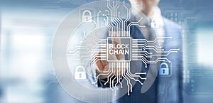 Blockchain technology concept on virtual screen. Cryptography and cryptocurrency