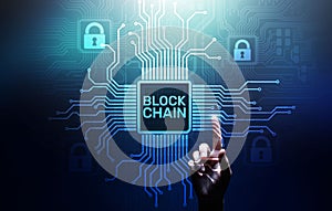 Blockchain technology concept on virtual screen. Cryptography and cryptocurrency.