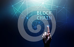 Blockchain technology concept on virtual screen. Cryptography and cryptocurrency.