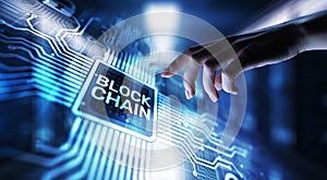 Blockchain technology concept on virtual screen. Cryptography and cryptocurrency