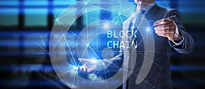 Blockchain technology concept on virtual screen. Cryptography and cryptocurrency