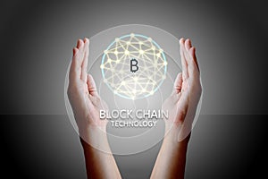 Blockchain technology concept, Woman holding virtual system diagram bitcoin and data protection.