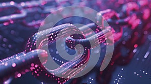 Blockchain technology connecting digital chain links with binary code data flow