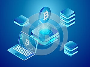 Blockchain technology. Cryptocurrency coins mining, secure distributed network of connected mine blocks isometric vector