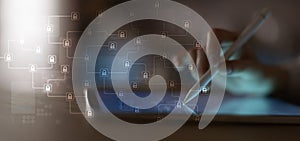 Blockchain Technology and Data Security Network Displayed on a Digital Interface