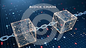 Blockchain technology depicted with connected digital blocks and chains in a data network