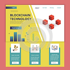 Blockchain technology flat landing page website template. Basic income, peer-to-peer, online loan. Web banner with