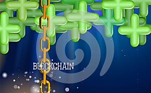 Blockchain technology, green pluses. Data network crypto mining, blue background hyperlink. Chain agreement business concept