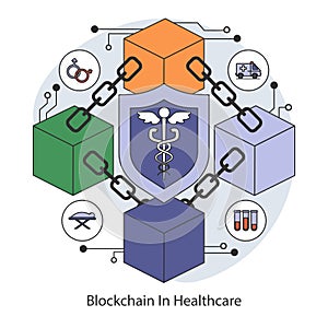 Blockchain technology in healthcare concept. Flat vector illustration.