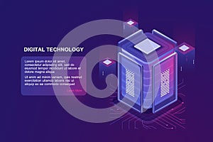 Blockchain technology isometric icon, server room and database, data warehouse and cloud computing concept ultraviolet