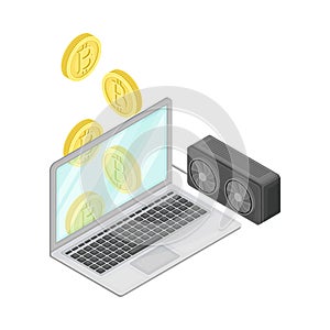 Blockchain Technology with Laptop and Hardware for Mining and Bitcoin Storage Isometric Vector Illustration