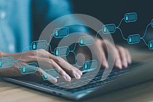 blockchain technology ledger data algorithm linked together in a chain. The system Payments and transactions to secure business
